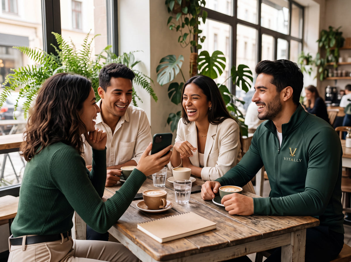 Amigos del Club VITALLY riendo juntos en un café