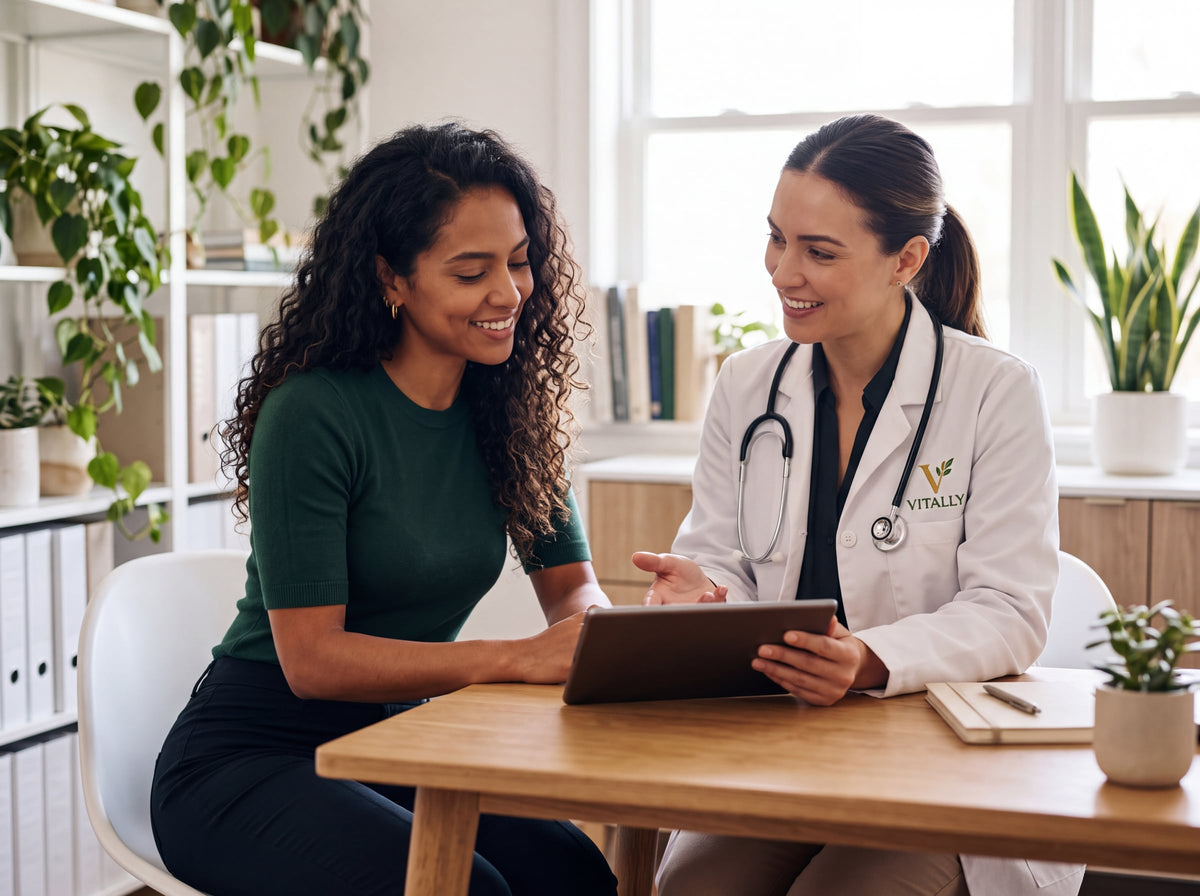 Paciente conversando con una médica de VITALLY Salud en un consultorio luminoso